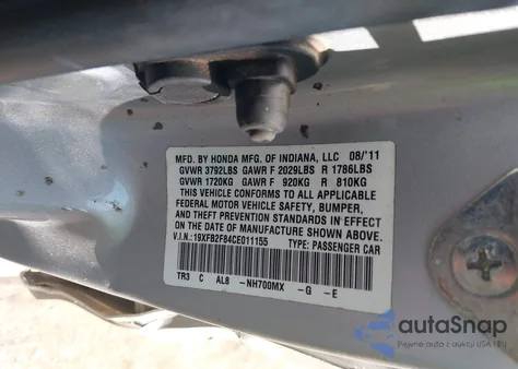 2012 Honda Civic Ex z USA, uszkodzony, nr VIN 19XFB2F84CE011155